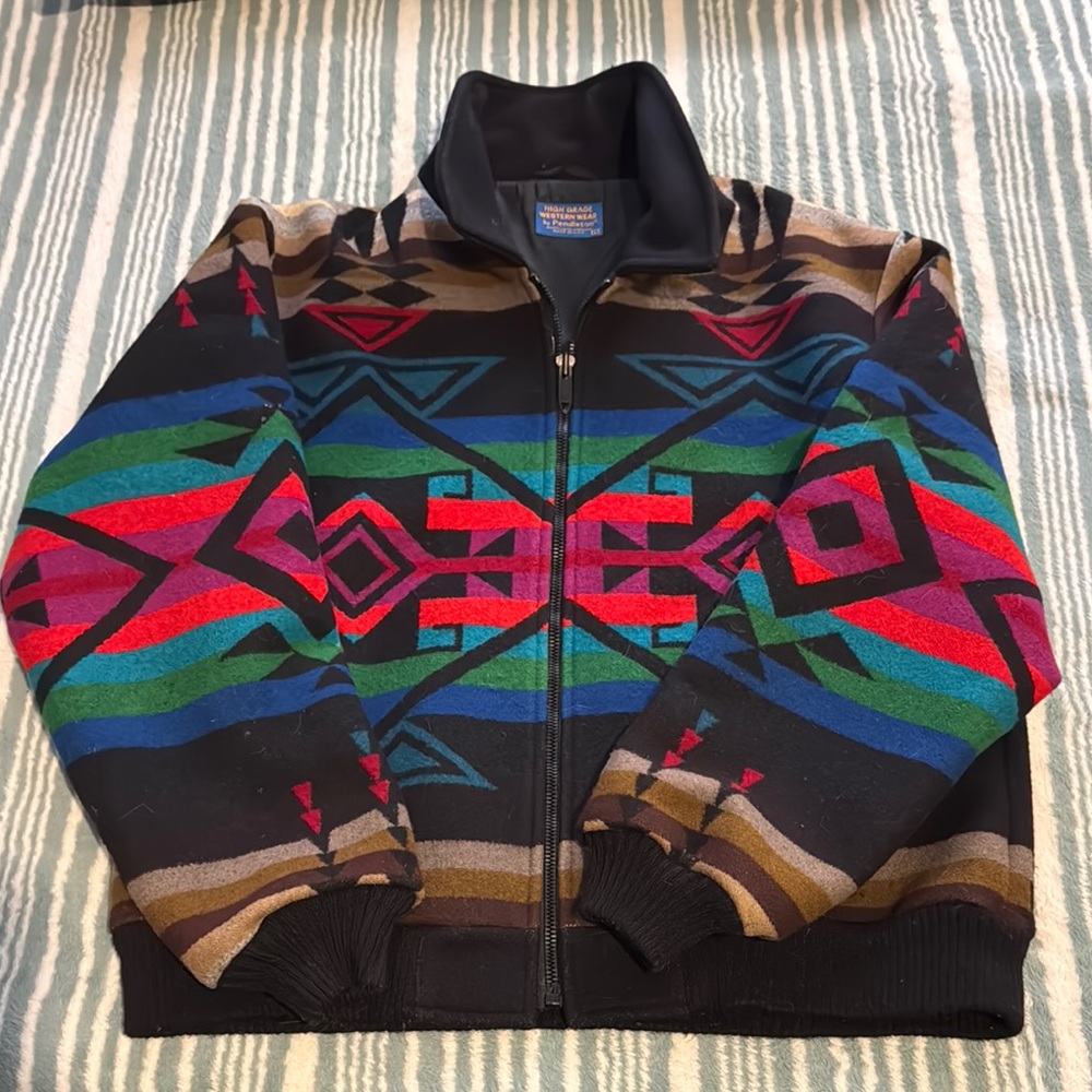 Pendleton Black and Red Zip Up Sweater with Geometric Pattern